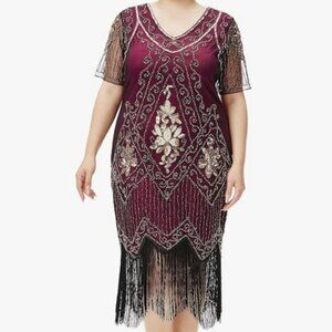 Elegant Burgundy Beaded Fringe Dress